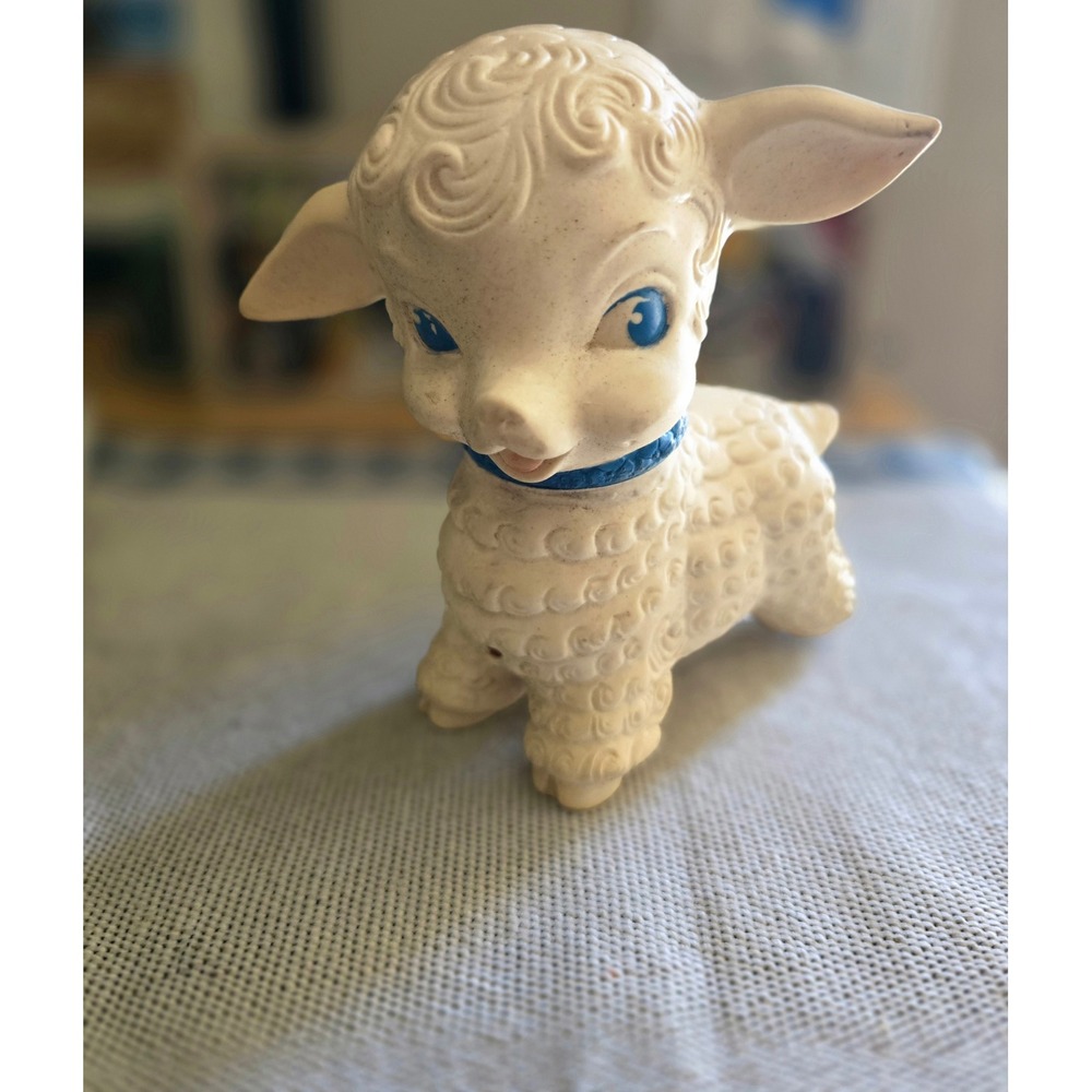 Vintage Edward Mobley Rubber Lamb Toy Blue Collar Baby Sheep Collectible‎